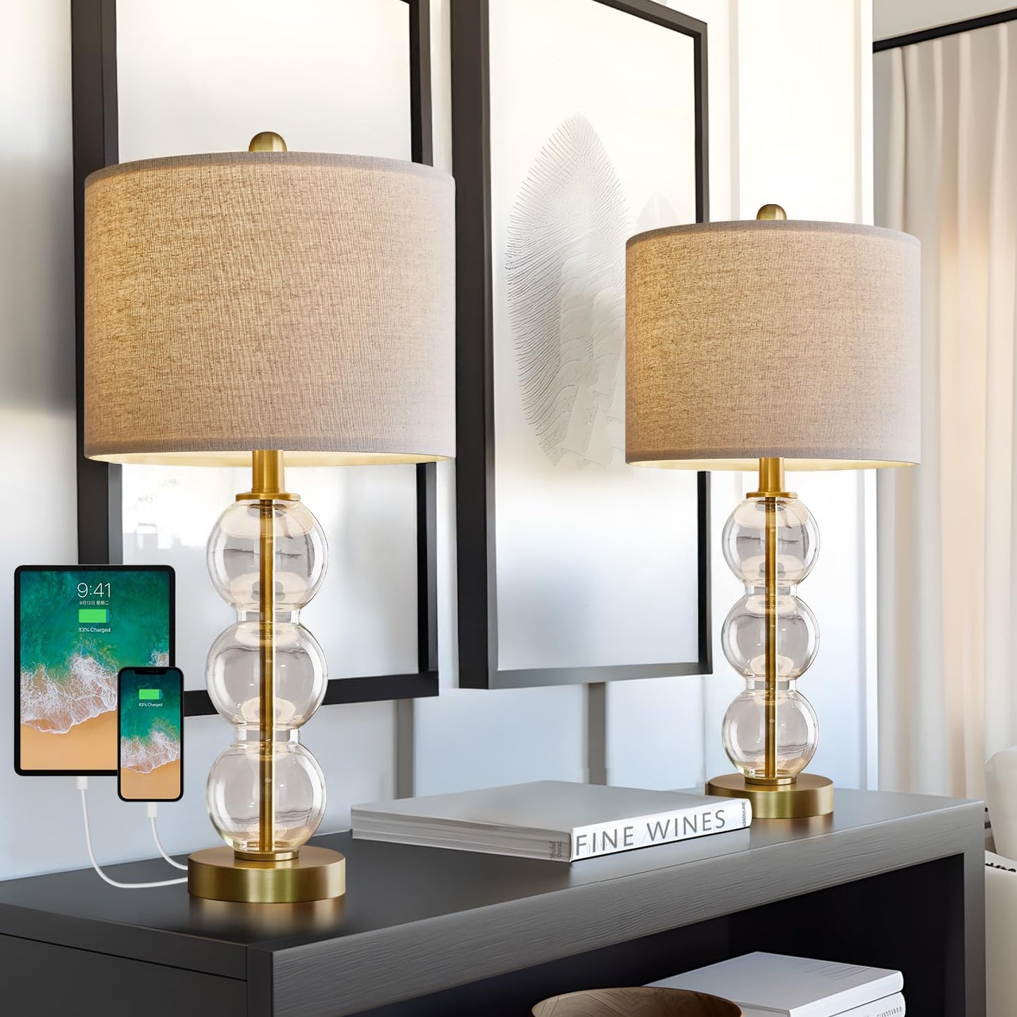 Rynx | Usumkky 24'' Glass Table Lamps Set Of 2 For Bedroom Living Room, Gold Glass Night Table Lamps For Nightstands With Usb Ports And Ac Outlets (Bulbs Not Included)