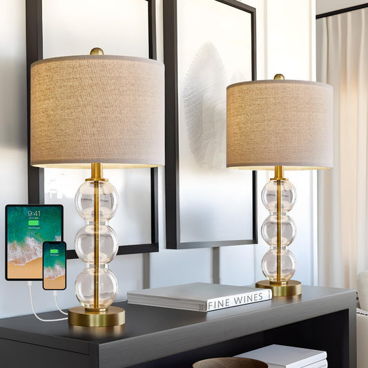 Rynx | Usumkky 24'' Glass Table Lamps Set Of 2 For Bedroom Living Room, Gold Glass Night Table Lamps For Nightstands With Usb Ports And Ac Outlets (Bulbs Not Included)