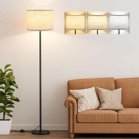 Rynx | Ambimall 61'' Modern Floor Lamp With Shade, Tall Lamps For Living Room, Bedroom, Office, Dining Room, Beige Shade With Black Pole