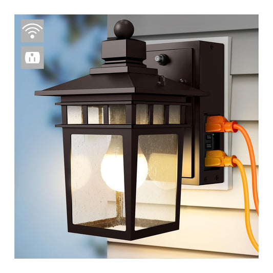 Rynx | Apoto Bronze Outdoor Wall Lamp With Gfci Outlet, Waterproof Dawn To Dusk Lighting Fixture, E26 Base
