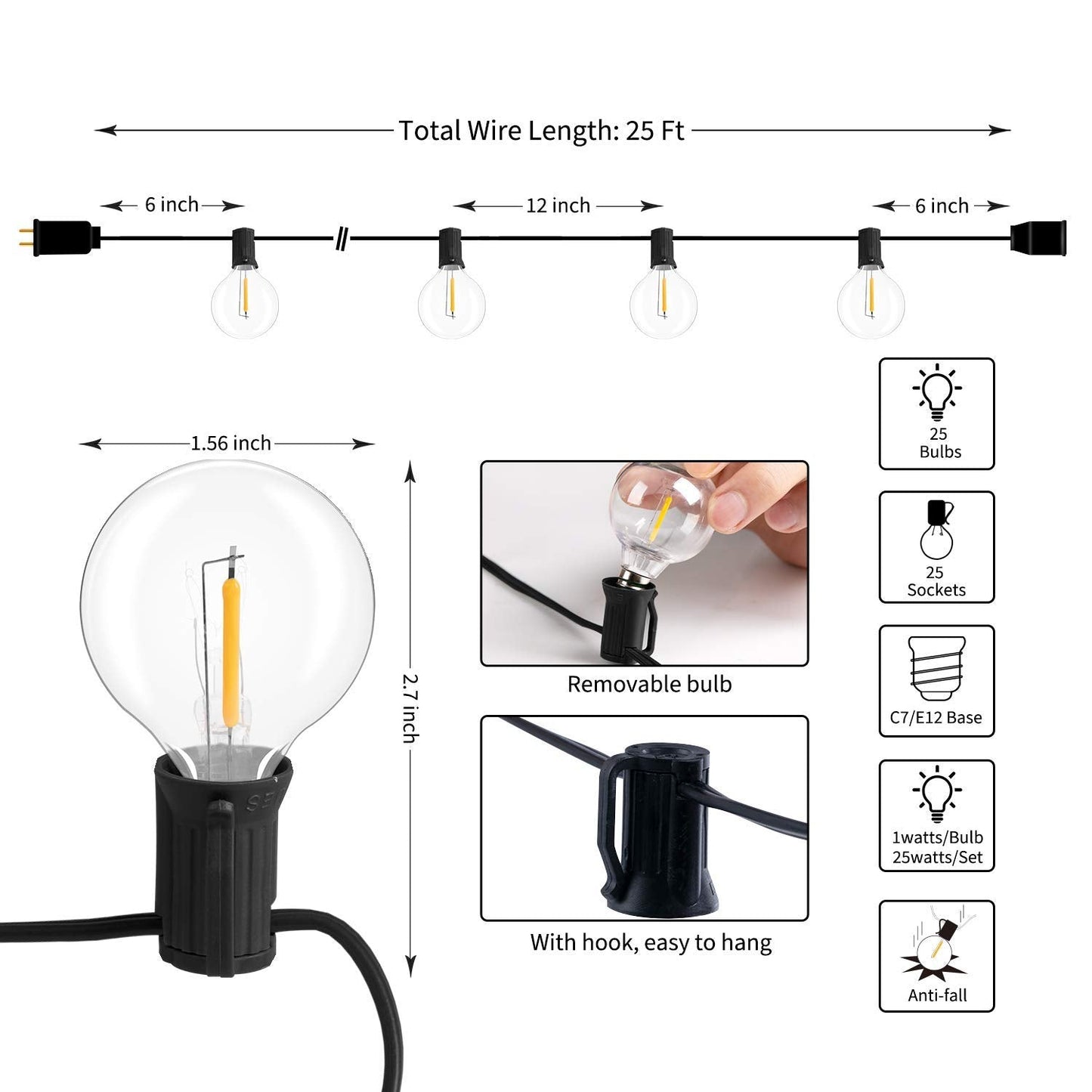Rynx | Brightown Led Globe String Lights 25Ft Warm White G40, Shatterproof Outdoor Lights With 27 Bulbs