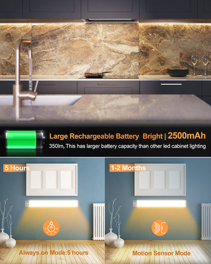 Rynx | Priorare 54 LED Motion Sensor Under Cabinet Lighting, Rechargeable Warm White Closet Light, 2Pack
