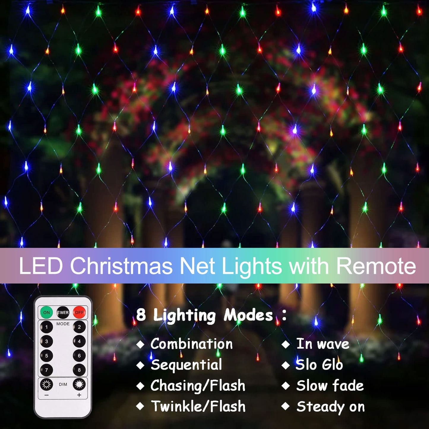 Rynx | Echosari 100 Led Waterproof Patio Garden Net Light Lace, 8 Modes Remote Control, Multicolor