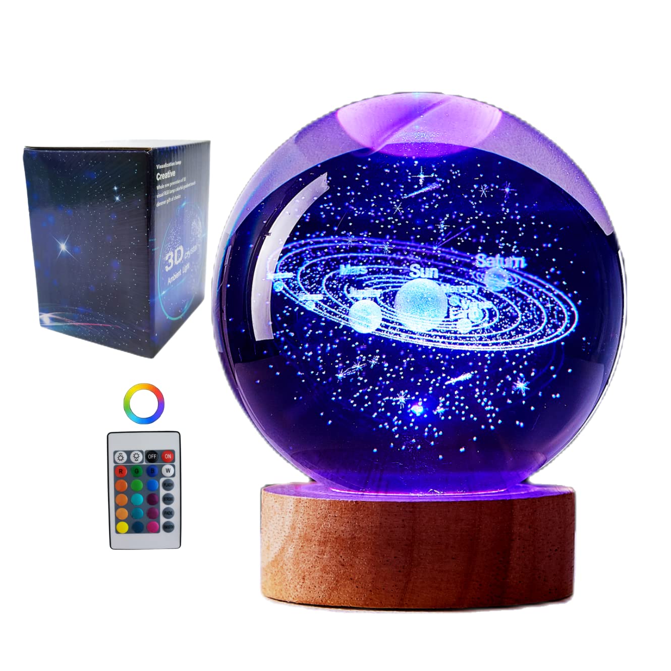 Rynx | Digfpwt 3.15 inch solar system crystal ball lamp, 3D K9 crystal ball night light with wooden base, 16 color changing with remote control