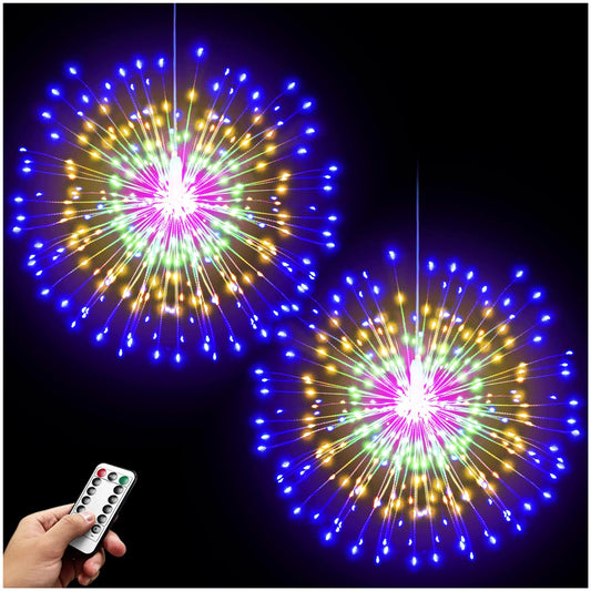 Rynx | Denicmic Starburst 200 Led Fireworks Copper Wire Ball Lights With Remote Control, 8 Modes Battery Powered Garland Hanging Ball Fairy Lights For Christmas Party Decoration 2 Pcs(Colorful)