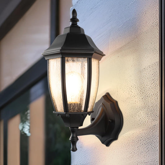 Rynx | Lprzsg Outdoor Wall Lamp - 14" Black Waterproof Porch Light with Seeded Glass Shade