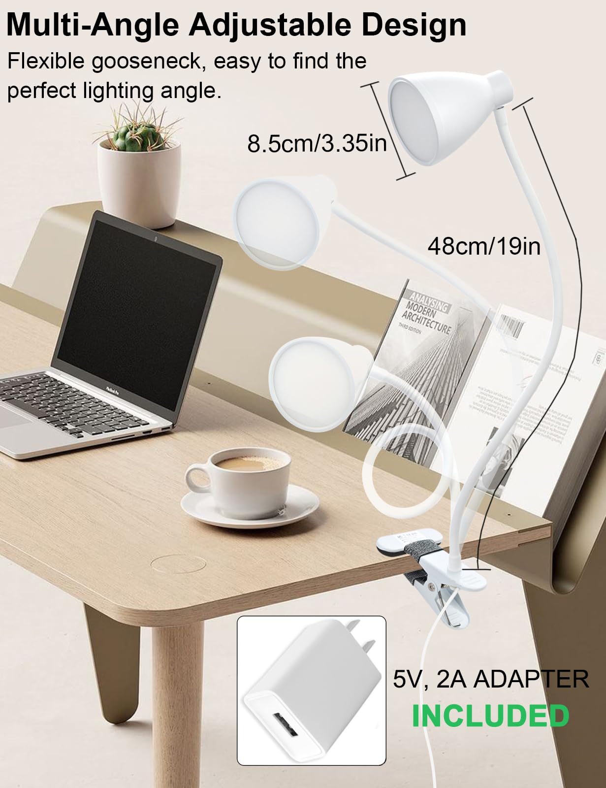 Rynx | Bohon 10W Clamp Lamp - 3 Color Modes, 10 Brightness Levels, Flexible Goose Neck Swan, Usb, White