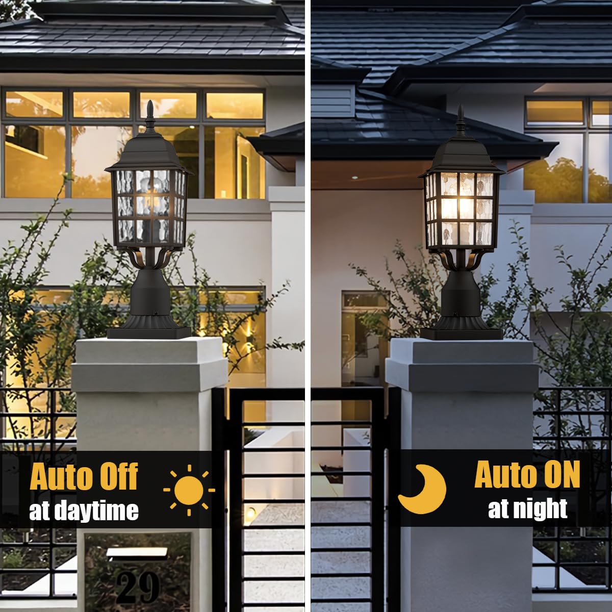 Rynx | Aoceley Dusk To Dawn Outdoor Post Lighting, Black Aluminum Lantern With Water Glass