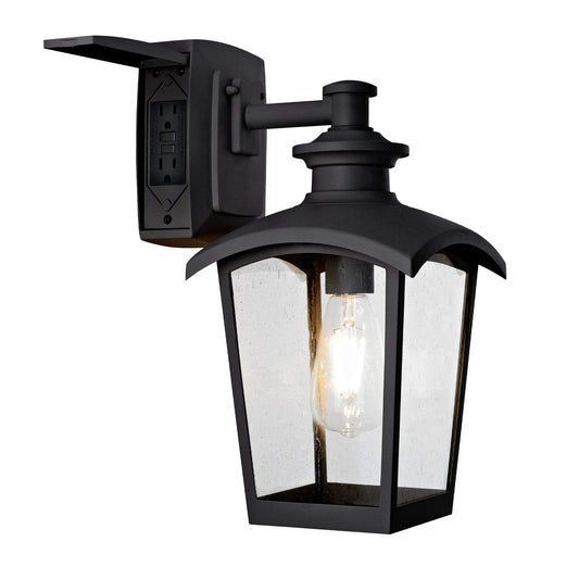 Rynx | Home Luminaire Spence 1-Light Outdoor Wall Lamp, Seeded Glass, Gfci Outlet, Black