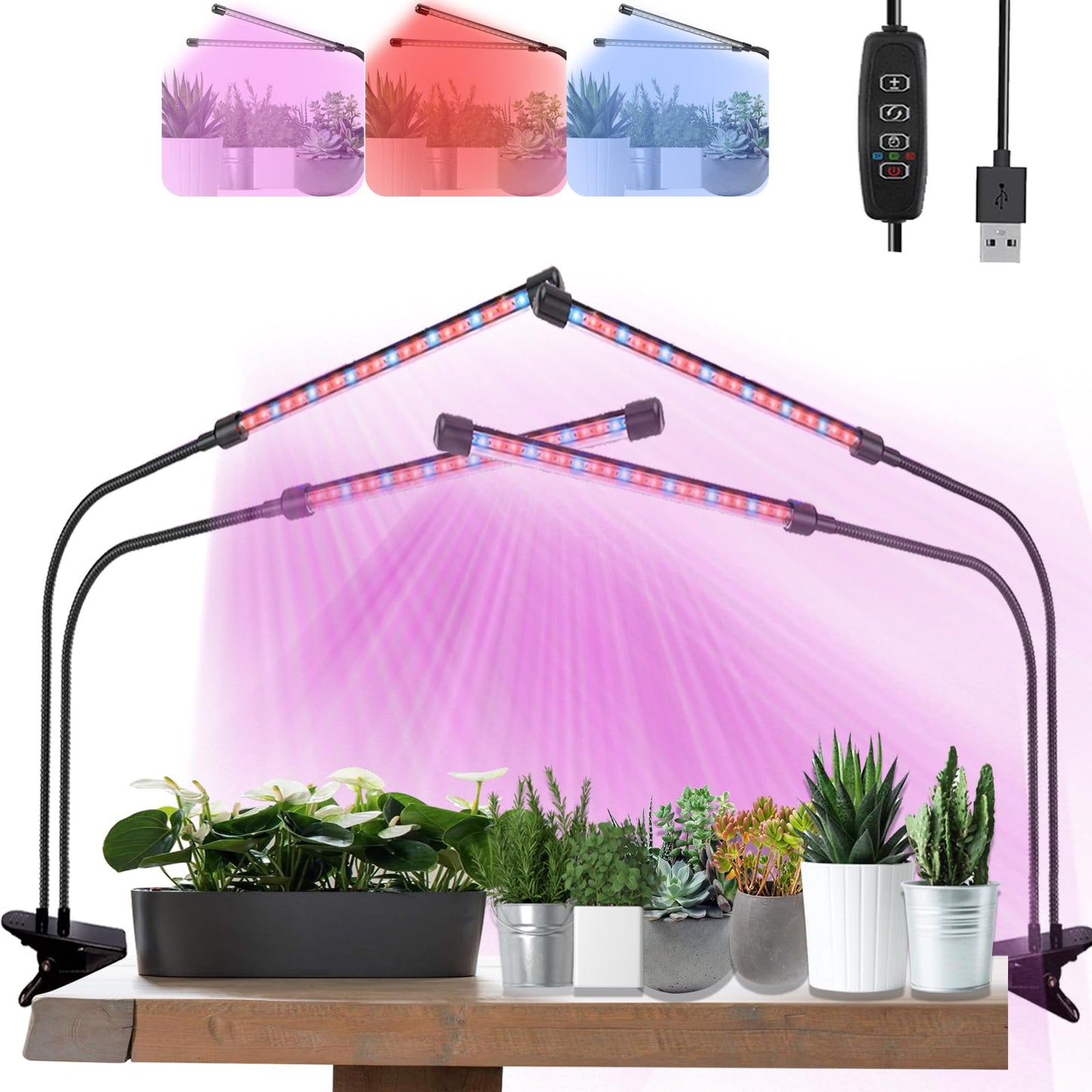 Rynx | Otryad Grow Light For Indoor Plants, Full Spectrum Plant Growth Light Sources With Auto On Off 3/9/12H Timer, 9 Level Dimmable, 3 Light Modes Clamp On Grow Light For Indoor Seed Starting/Succulents, 2 Packs