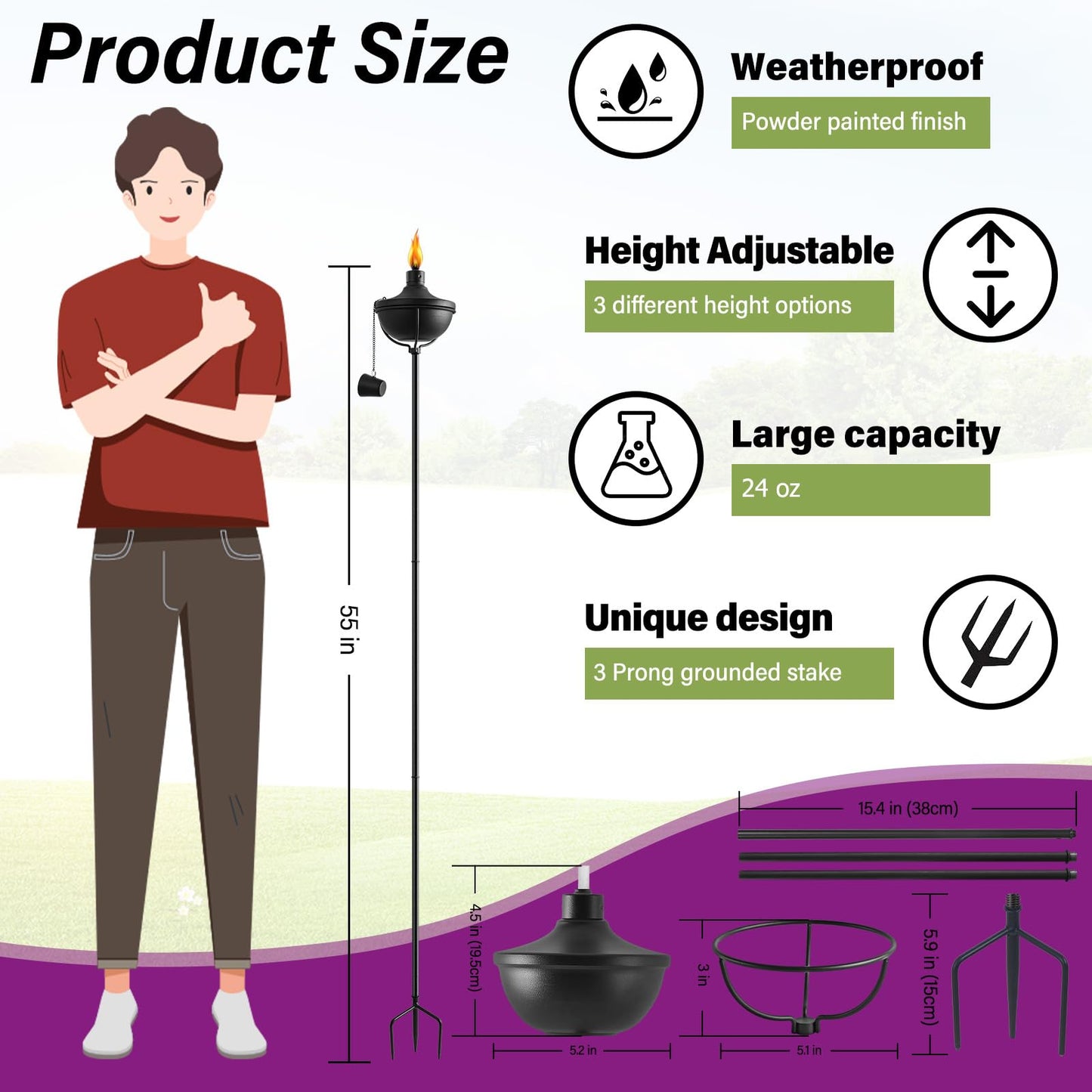 Rynx | Fan-Torch 24 Oz Metal Garden Torch Set of 6 - 55-Inch Citronella Outdoor Decor