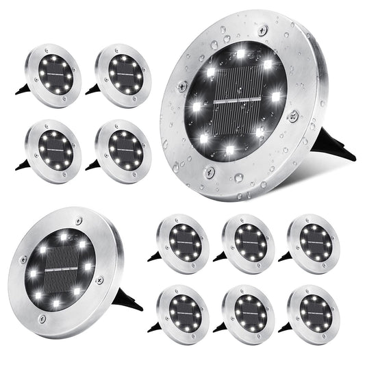 Rynx | Odeetronic Solar Background Light, 12 Pack 8 Led Solar Disk Light, Outdoor In-ground Light Waterproof, Flat Solar Light, Round Solar Puck Light For Landscaping, Pathway, Garden, Yard, Pathway, Cool White