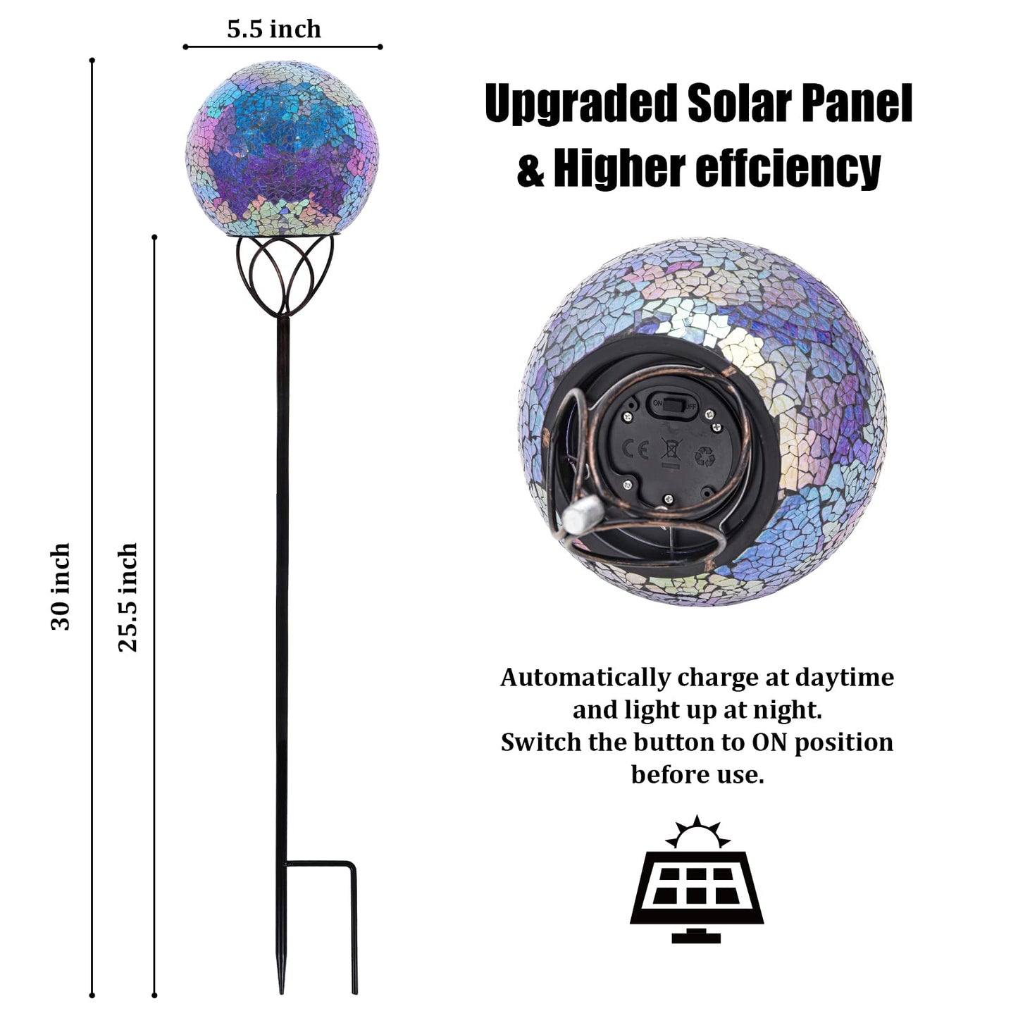Rynx | Vcuteka Mosaic Solar Garden Lighting - Waterproof Glass Ball LED Stake Light, Purple, 6 Inches