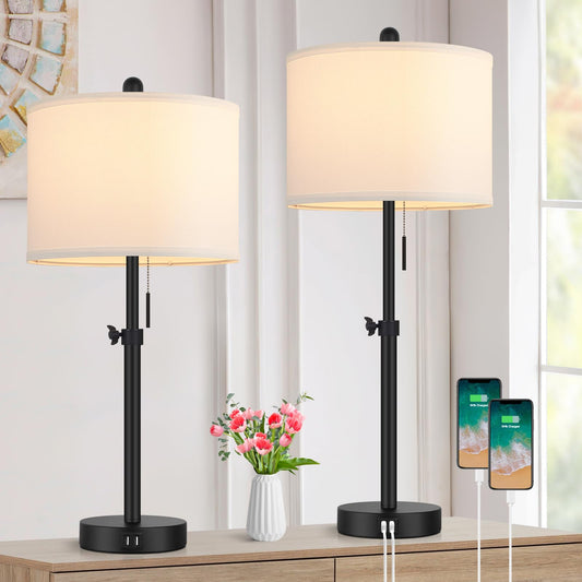Rynx | Kondras Table Lamp For Bedroom Set Of 2, 23" To 30" Height Adjustable Bed Lamp With 2 Usb Ports, Black Nightstand Lamp With White Shade, Modern Pull Chain Table Lamp For Living Room End Table