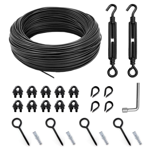 Rynx | Hanging String Light Hanging Kit Outdoor, Full Black Globe String Lights Suspension Kit W/ 50Ft PVC Coated Steel Cable & Enough