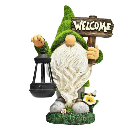 Rynx | Meagkka Garden Gnome Statue Outdoor Decor Large Flocked Resin Gnome Figure With Solar Light Holder Welcome Sign Garden