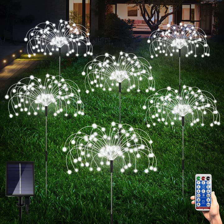 Rynx | 6 Pack Outdoor Solar Garden Lights, Solar Firework Lights, 120 LED Waterproof Solar Lamps Decorative, Firework Lamp, 8 Modes Landscape Lights With Remote Control For Path Backyard Walkway Patio (Cool White)