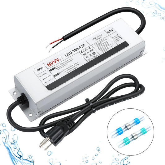 Rynx | Led Driver 300W 12V Dc 25A Waterproof Ip68 Power Transformer Adapter, 90-265V Ac Input With Active Pfc 3-Prong Plug - For Led Strip