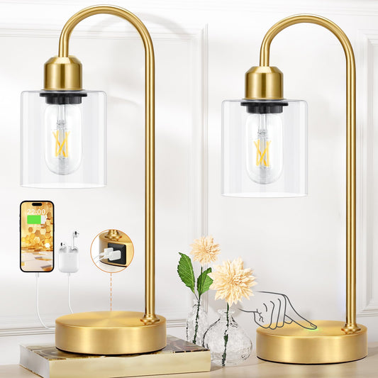 Rynx | Industrial Gold Table Lamps Set - 3 Way Dimmable Touch Table Lamps Set With 2 USB C+A Ports, Nightstand Lamp With Glass Shade, Evening Lamps For Nightstand, Bedroom, Living Room, LED Light Bulb Included