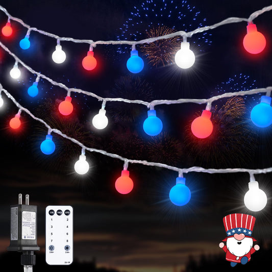 Rynx | 100 LED connectable red, white, and blue lights indoor outdoor waterproof, 33 feet July 4th decorative lights, 8 modes globe light string with plug and remote control for Independence Day party patriotic decor