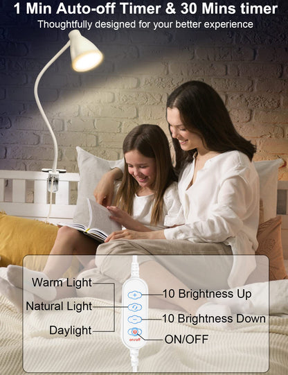 Rynx | Bohon 10W Clamp Lamp - 3 Color Modes, 10 Brightness Levels, Flexible Goose Neck Swan, Usb, White