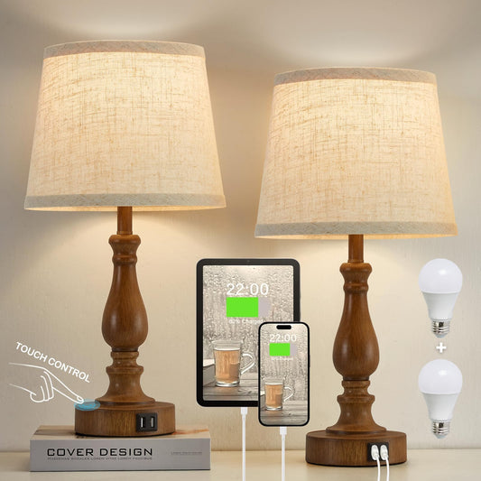 Rynx | Ejiaxin Classic Table Lamps For Bedroom Set Of 2 - Touch Nightstand Lamps With Double USB Ports, 3 Way Dimmable Nightstand Lamps