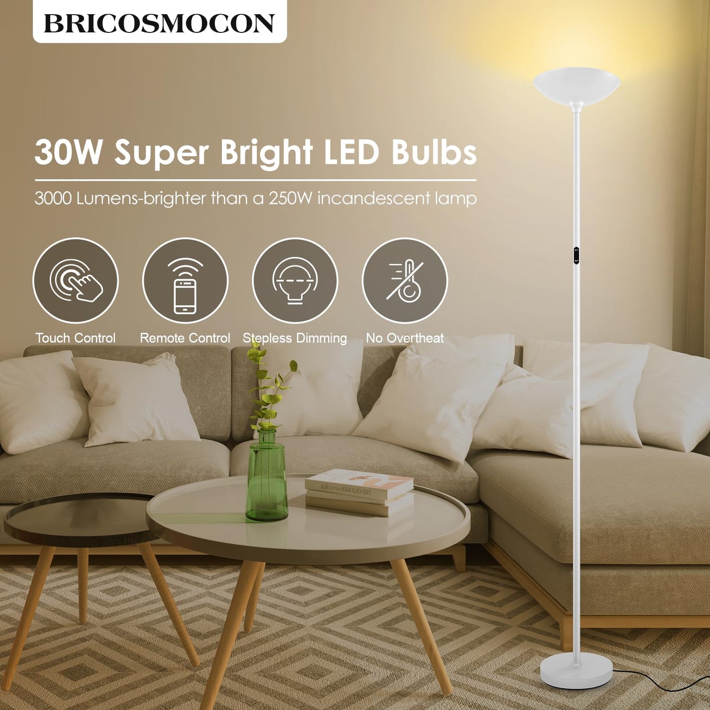 Rynx | Bricosmocon 30W Dimmable Led Floor Lamp With Remote Control, 71" Modern Torchiere For Living Room, White