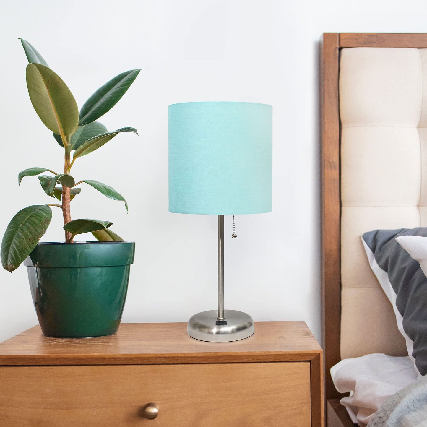 Rynx | Creekwood Home 19.5" Metal Table Lamp With USB Port & Aqua Drum Shade, Brushed Steel Finish