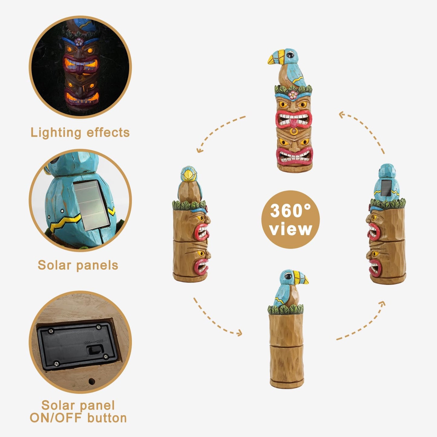 Rynx | Eptuega Tiki Totem Pole - 12.32" Solar Tiki Hut Decor For Outdoor Patio Garden, Woodpecker Bird