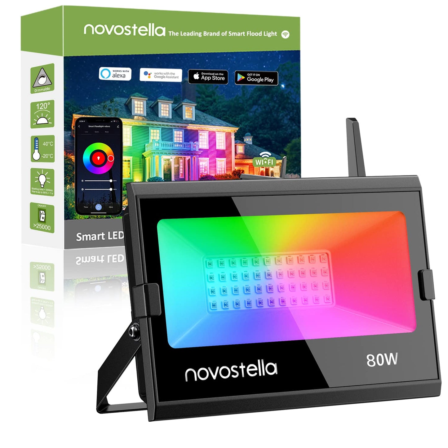 Rynx | Novostella 80W Rgb Smart Led Floodlight, Wifi Dimmable, Ip66 Waterproof, Compatible With Alexa