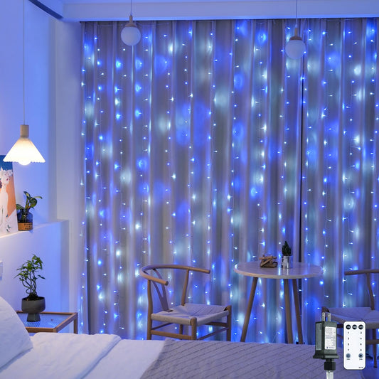 Rynx | Jmexsuss 300Led Christmas Curtain Light Plug-in With Remote Control, Blue And White Christmas Lights Indoor Outdoor, 8 Modes Hanging Fairy Lights For Bedroom Window Wall Garden Patio Decor, 9.8X9.8Ft