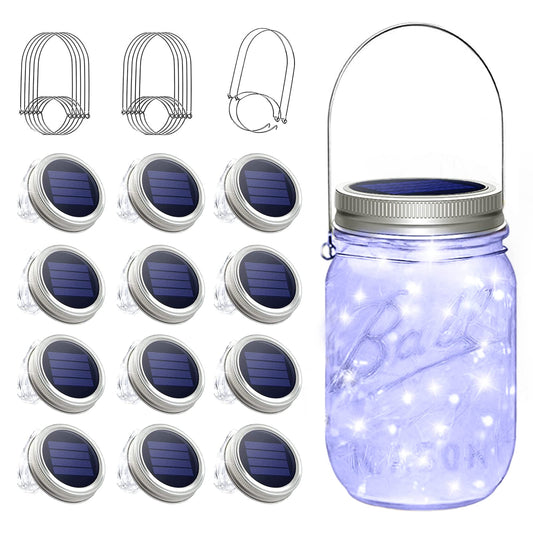 Rynx | Sunkite 12-Pack Solar Mason Jar Light Sources, 30 Led Waterproof Fairy Lights For Garden Decor - Cool White