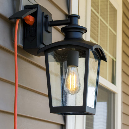 Rynx | Home Luminaire Spence 1-Light Outdoor Wall Lamp, Seeded Glass, Gfci Outlet, Black