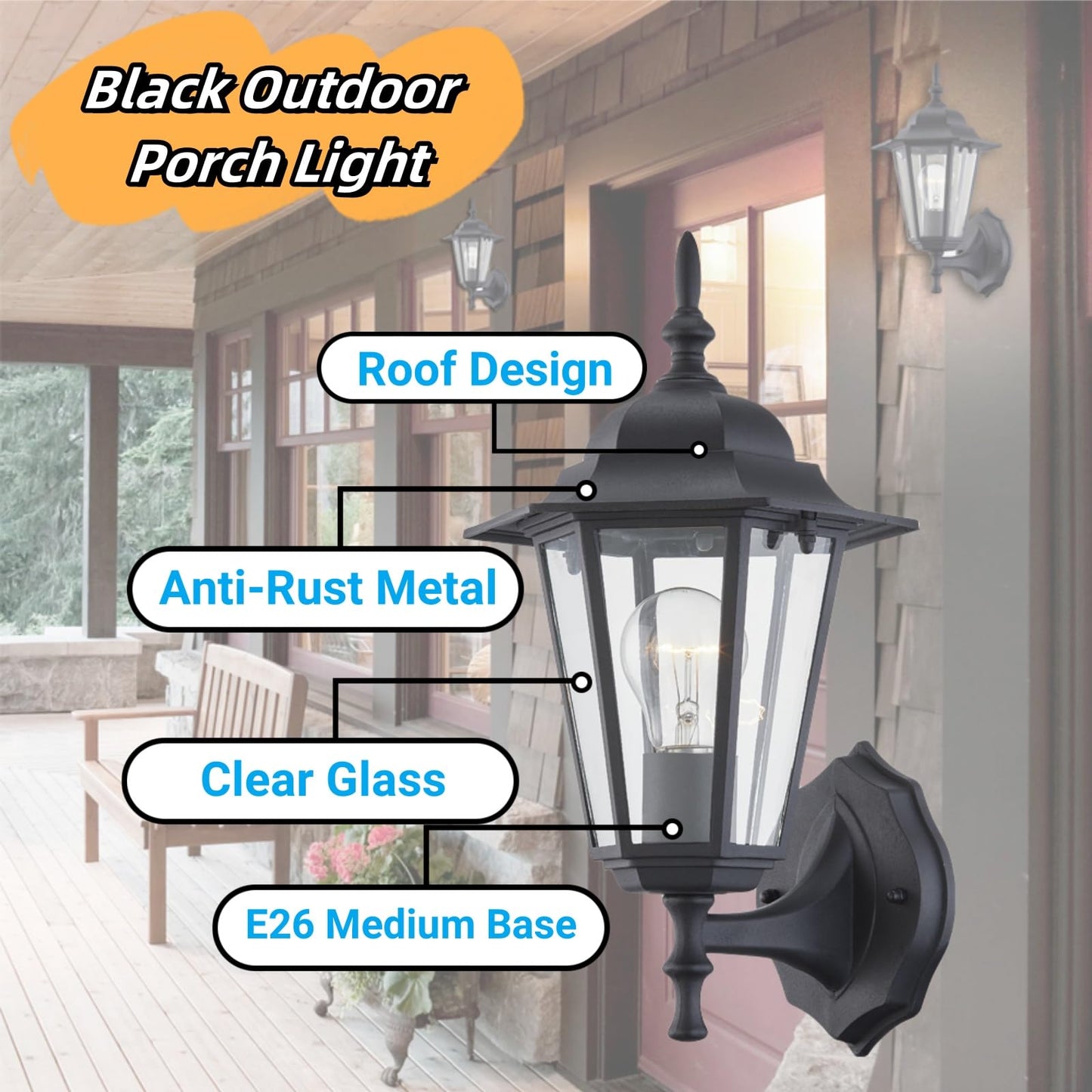 Rynx | Wisbeam Black Outdoor Wall Lamp, Etl Certified Light Fixture, Glass & Metal, E26 Base, Moisture Load Rated