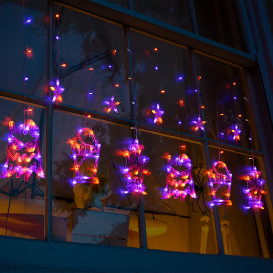 Rynx | Lolstar Halloween Window String Lights, Orange Purple Halloween Decorations, Three Tombstones and Castle 183 LEDs Indoor Hanging Curtain Lights, Remote Control 8 Flashing Modes Max Connect 2 Sets