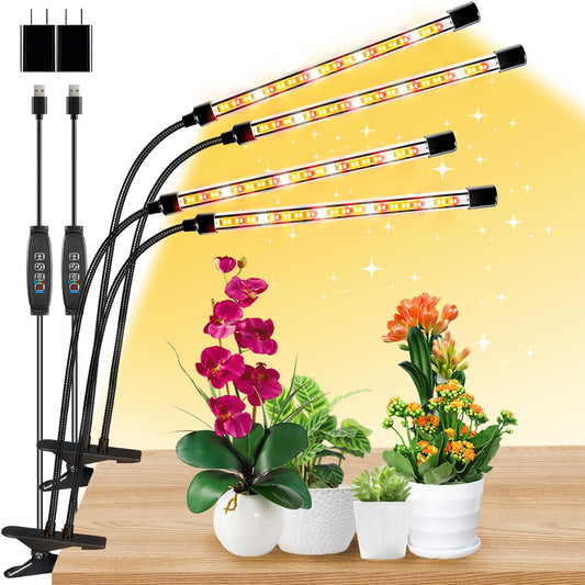 Rynx | Full Spectrum 4 Heads Plant Growth Light For Indoor Plants With 10 Foot Cables, 10 Adjustable Levels And 3/9/12H Timer (Adapter Included)
