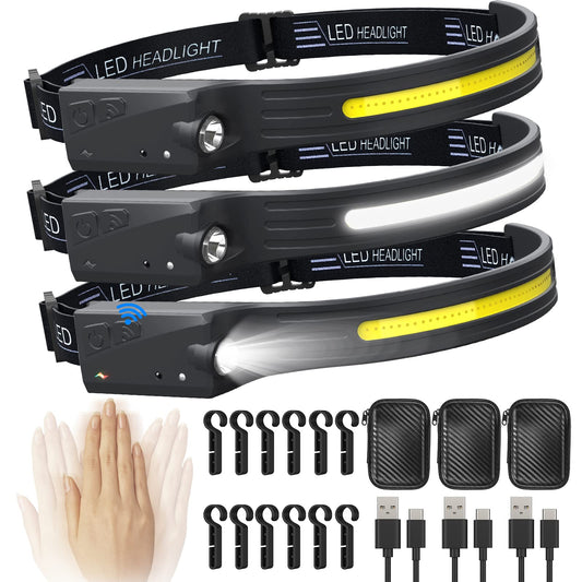 Rynx | Qtree Intelligence 3Pcs Rechargeable Headlamp, 5 Modes Led, Motion Sensor, Ipx4, 230° Wide Beam