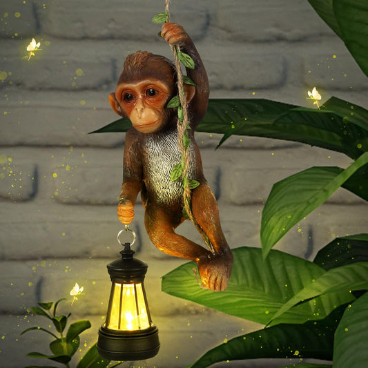 Rynx | Rossesay Sunlight Outdoor Statues 7.48'' H Resin Chimpanzee Baby Monkey Climbing On A 19.68'' L Vine With Led Lantern Waterproof