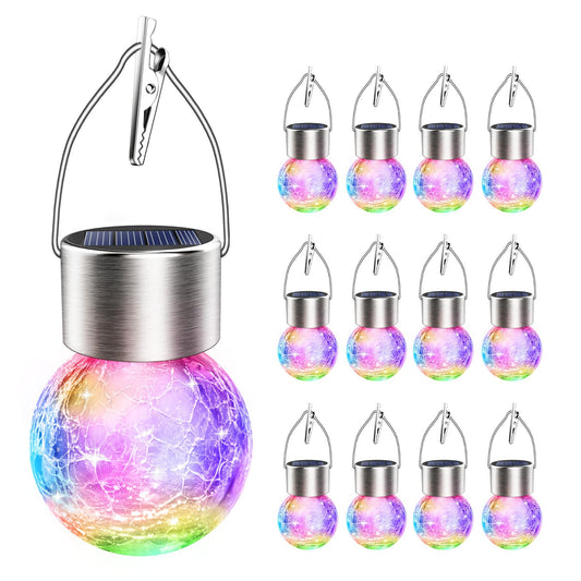 Rynx | Solar hanging light outdoor decor: Christmas garden lighting waterproof for garden outdoor decorations - 12 pack clips on crushed glass globe balls wooden lighting patio fence path camping decorative