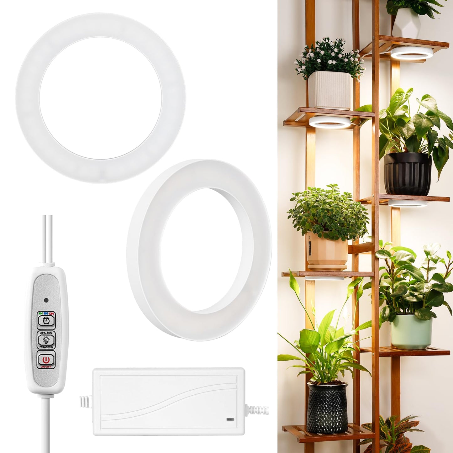 Rynx | Lordem 6.3” Ceiling Grow Light For Indoor Plants, 144 Leds Full Spectrum Halo Grow Lamp, Under Cabinet Plant Light With 4/8/12H Auto Timer, 4 Dimmable Brightness Levels, Ideal For Potted Plants, Double Head