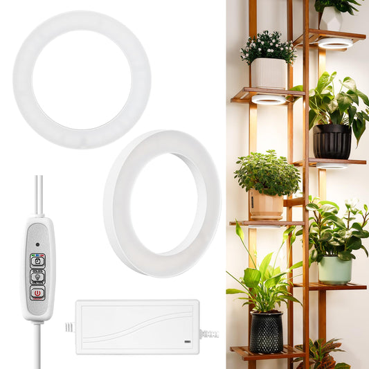 Rynx | Lordem 6.3” Ceiling Grow Light For Indoor Plants, 144 Leds Full Spectrum Halo Grow Lamp, Under Cabinet Plant Light With 4/8/12H Auto Timer, 4 Dimmable Brightness Levels, Ideal For Potted Plants, Double Head
