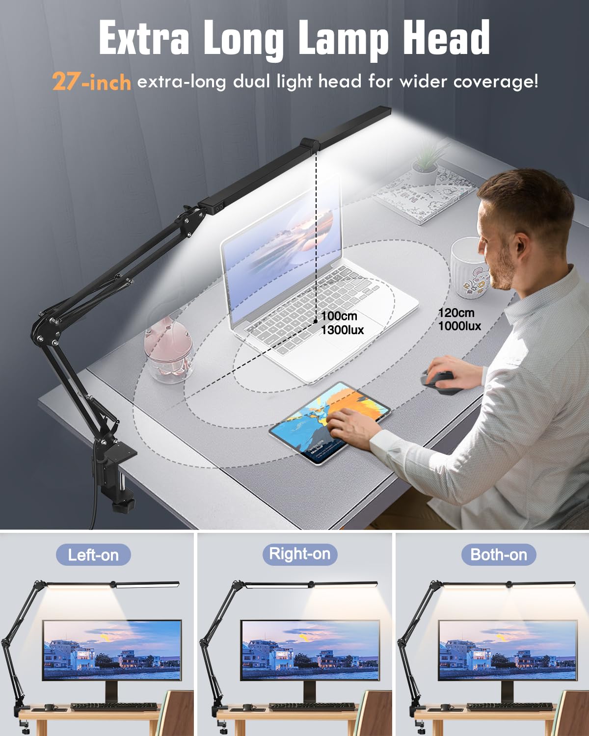 Rynx | Toolour LED Desk Lamp, 2-in-1 Double Head, Dimmable, Clamp, Remote Control, Black