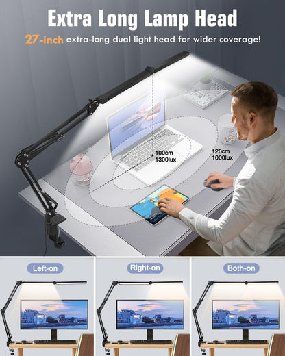Rynx | Toolour LED Desk Lamp, 2-in-1 Double Head, Dimmable, Clamp, Remote Control, Black