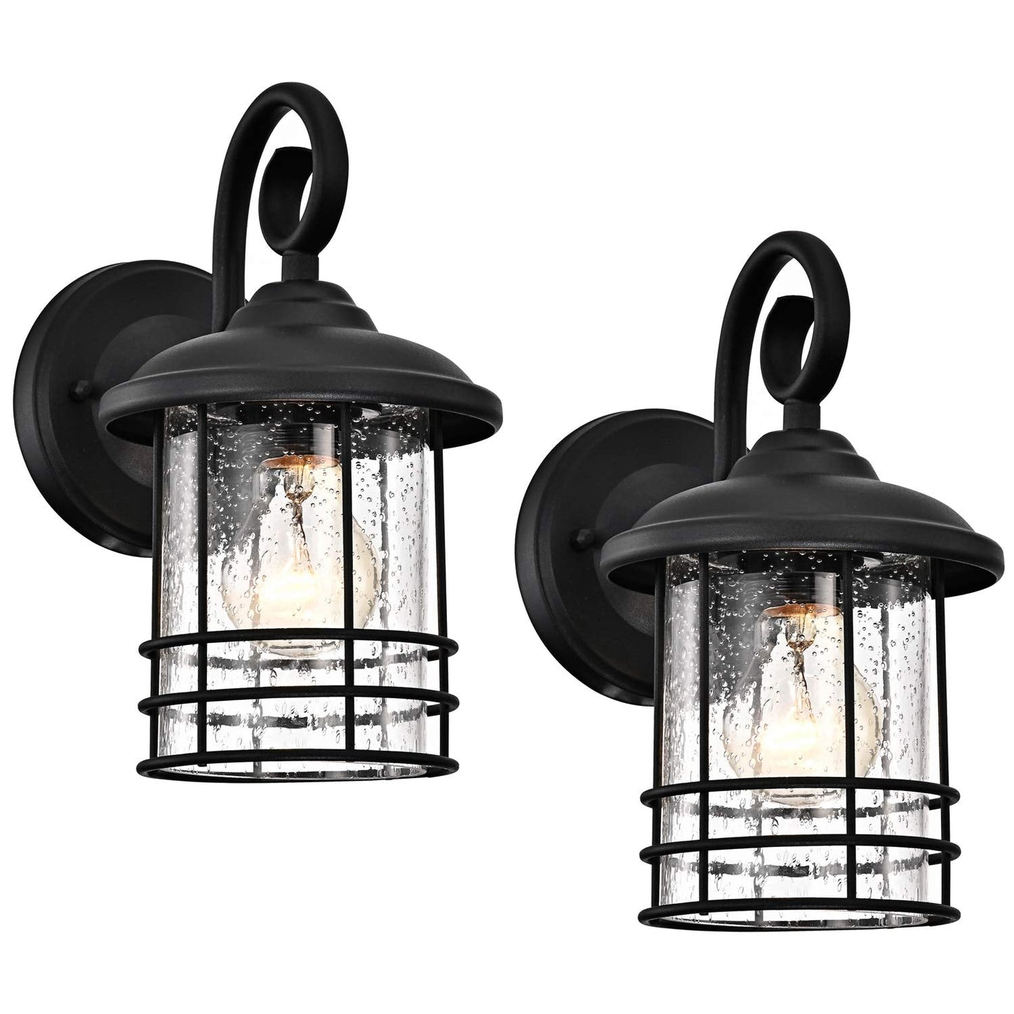 Rynx | Micsiu 10" Textured Black Outdoor Wall Lamp 2 Pack - Seed Glass Lanterns For Entrance, Patio