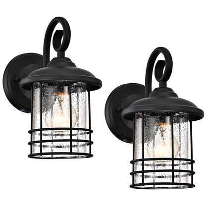 Rynx | Micsiu 10" Textured Black Outdoor Wall Lamp 2 Pack - Seed Glass Lanterns For Entrance, Patio