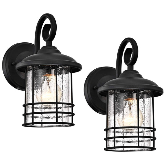 Rynx | Micsiu 10" Textured Black Outdoor Wall Lamp 2 Pack - Seed Glass Lanterns For Entrance, Patio