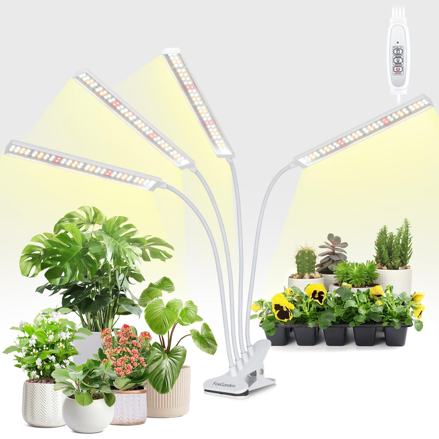 Rynx | Foxgarden® Plant Lighting for Indoor Cultivation, Full Spectrum Grow Light with Timer 4/8/12 hrs, Four-Headed 208 LED Grow Lamp with Flexible Gooseneck and Clamp for Desk, 4 Brightness Levels for Indoor Plants