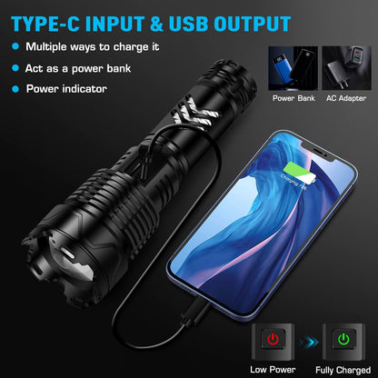 Rynx | Sinvimes 990000Lm Rechargeable Tactical Flashlight, Zoomable, 6 Modes, IPX7 Waterproof, Black