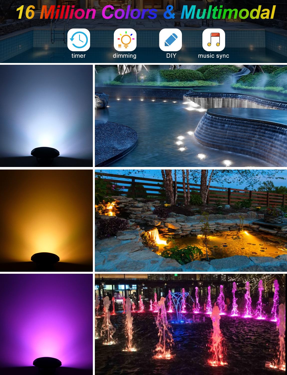 Rynx | Crepow Rgb Underwater Pond Lights, Ip68 Waterproof Led Spotlights, Bluetooth Control, Set Of 2