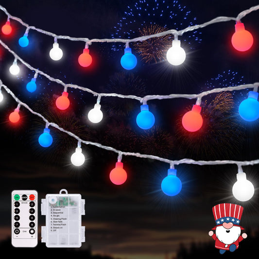 Rynx | 100 Led Globe Light Strands Battery Powered Christmas Lights Indoor, 33Ft Battery Powered Light Strands Outdoor Waterproof, 8 Modes Red White And Blue Lights For Patriotic Christmas Decorations